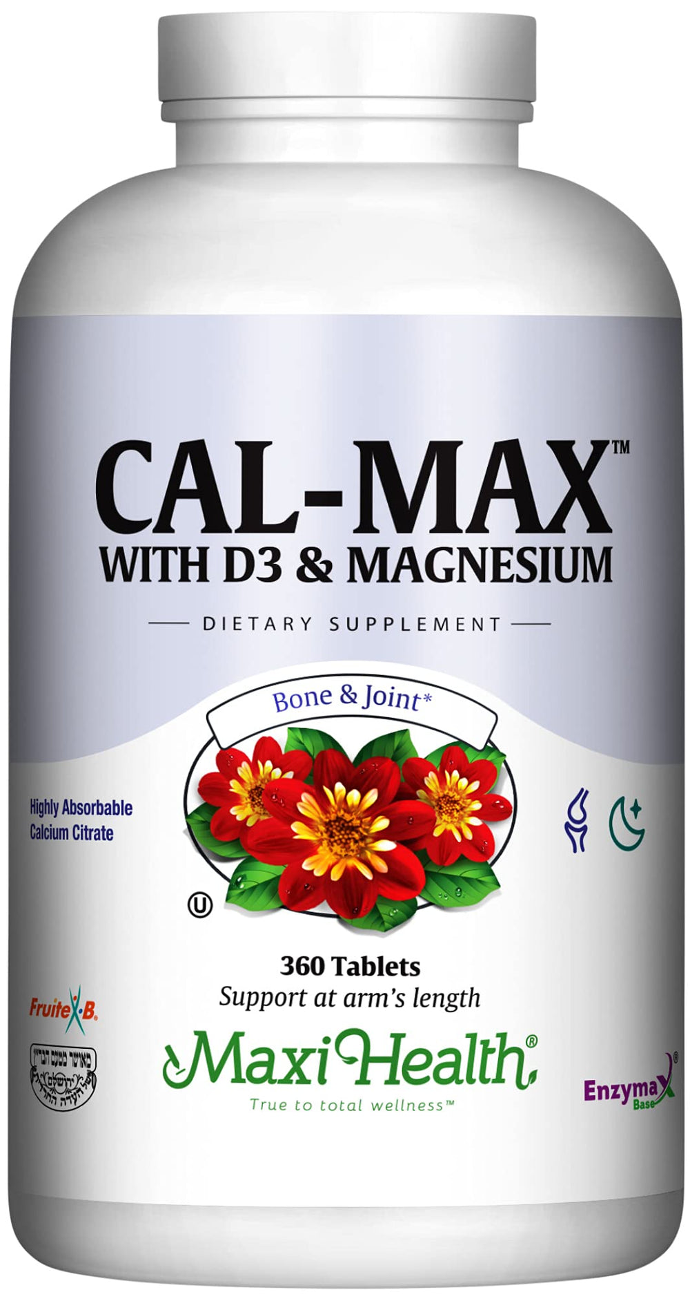 Maxi Health Calcium 1000mg with D3 and Magnesium bottle label highlights daily bone support
