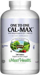 Maxi Health calcium supplement tablets on bottle for bone support.