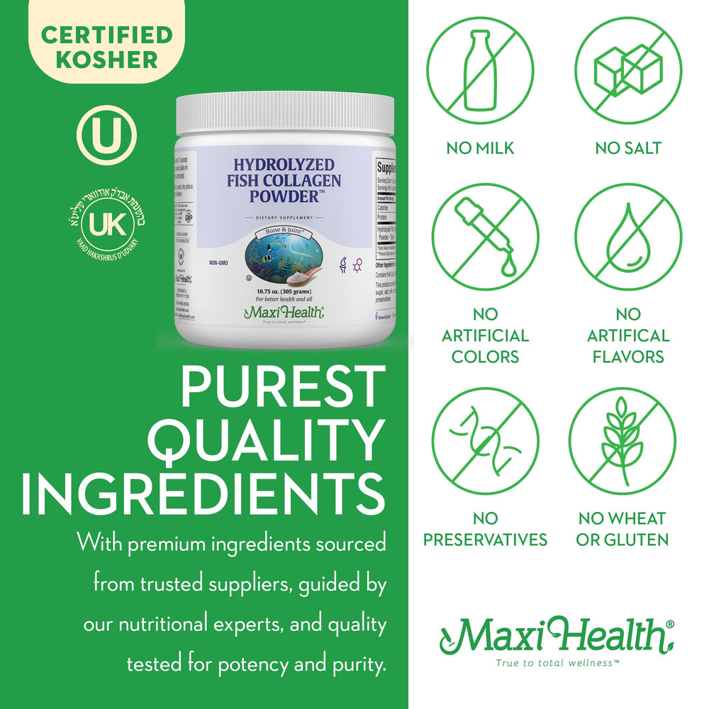 Maxi Health collagen powder nutrition label close-up with kosher and allergen details