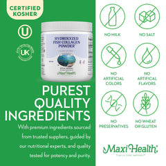 Maxi Health collagen powder nutrition label close-up with kosher and allergen details