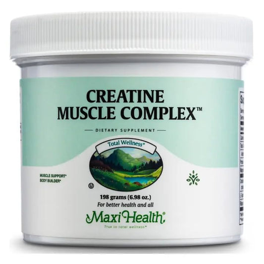 Maxi Health creatine monohydrate powder bottle highlighting vegan and kosher formula for workouts.