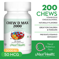 Child-friendly Maxi Health vitamin D3 bubble gum chews for daily vitamin intake.