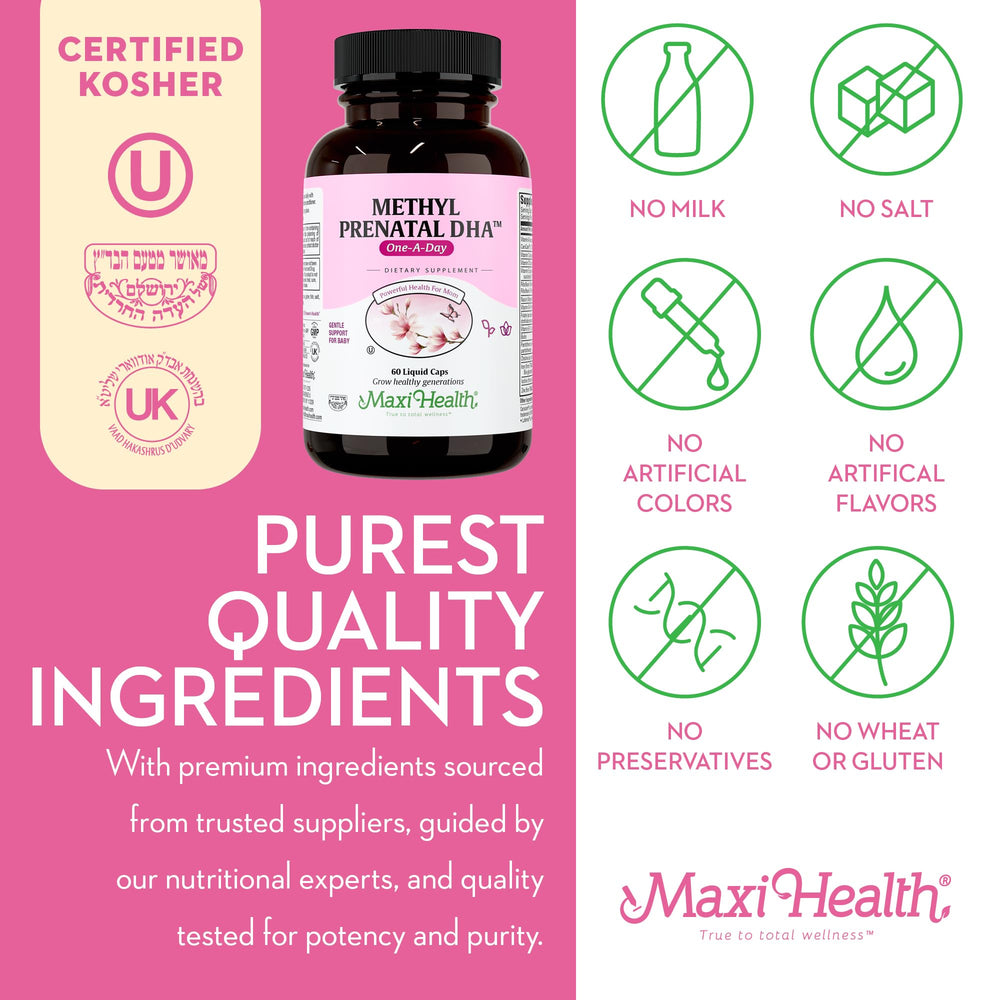 Daily prenatal routine with Maxi Health Methyl Prenatal DHA bottle