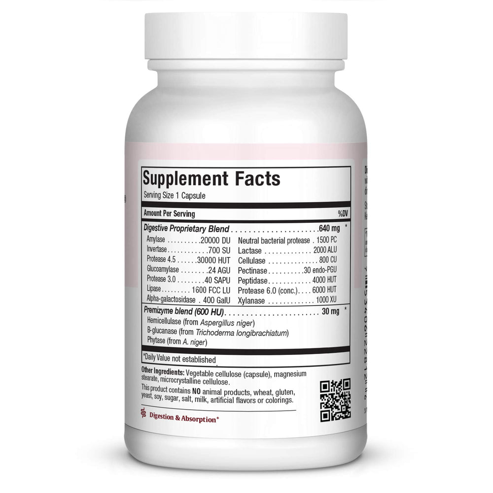 Maxi Health Enzymax Complex label shows broad enzyme spectrum for better digestion