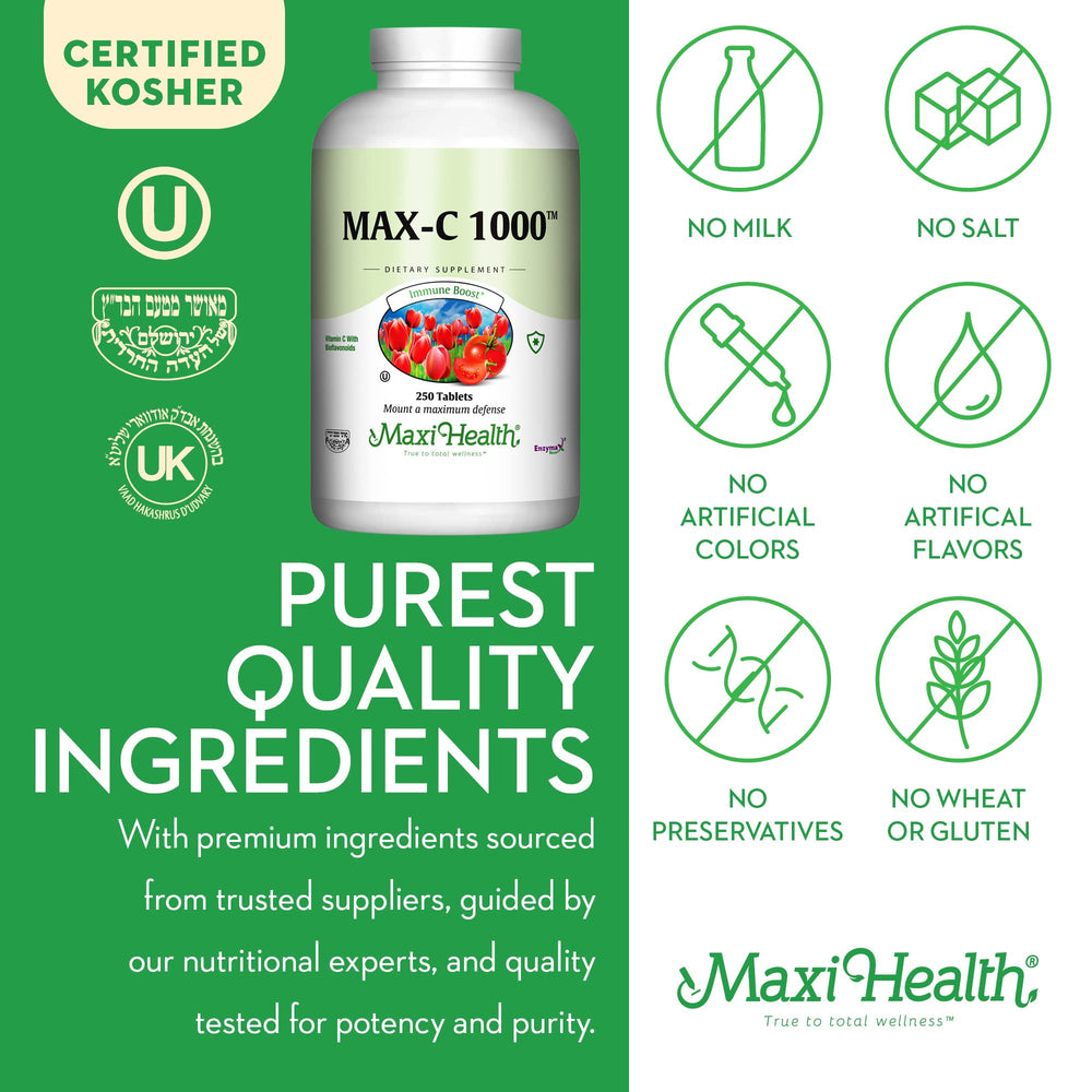 Maxi Health gluten-free and non-GMO ingredients list on bottle label