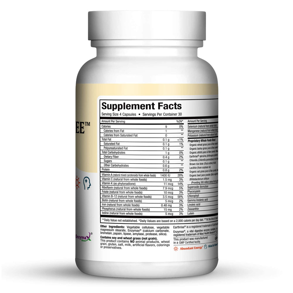 Green Energee label close-up highlighting whole-food blend nutrition potential