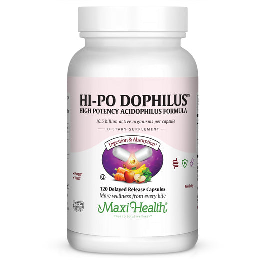 Maxi Health Hi-Po Dophilus bottle pour for easy daily digestive support.