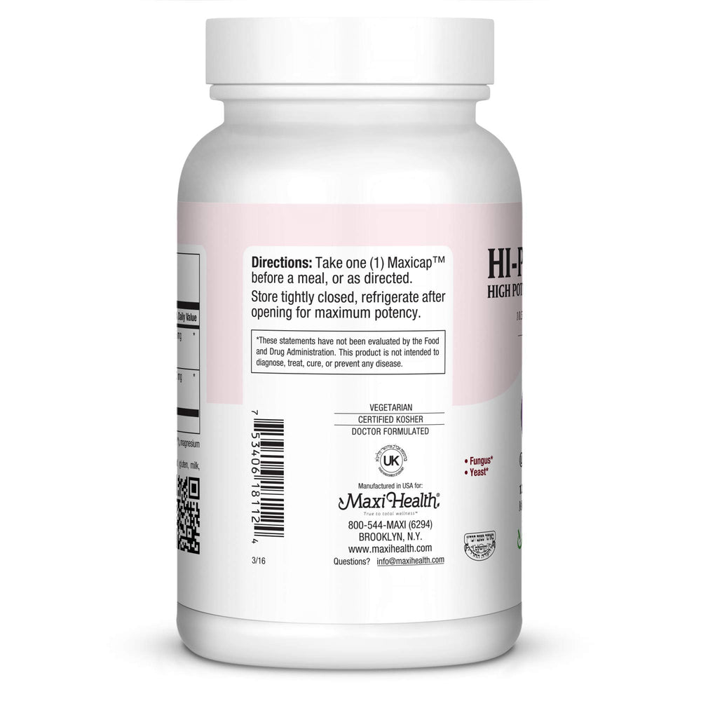 Maxi Health Hi-Po Dophilus capsules closeup highlighting probiotic blend for gut health.