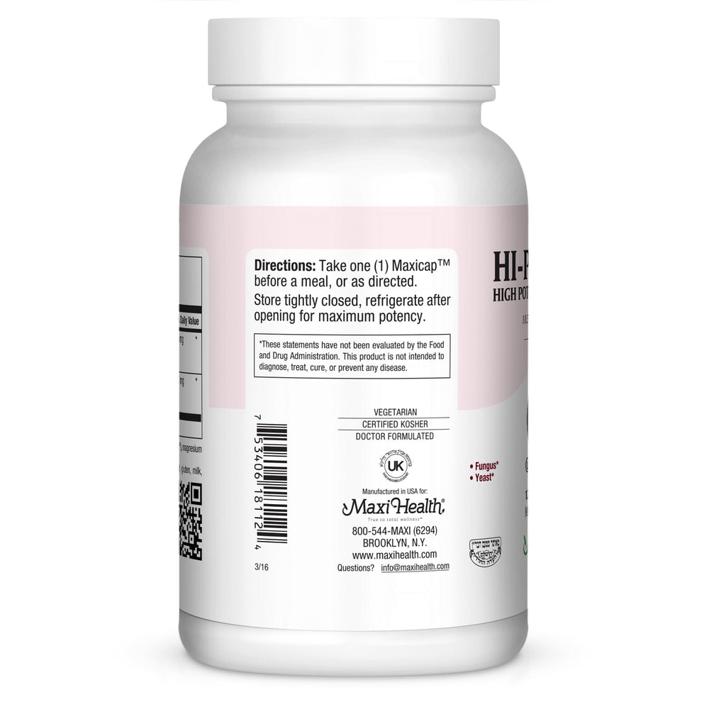 Maxi Health Hi-Po Dophilus label highlights vegan and kosher certifications.