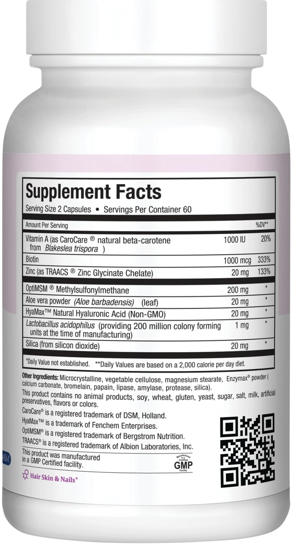 Maxi Health Hyaluronic Acid Biotin capsules bottle for hydration and hair shine.
