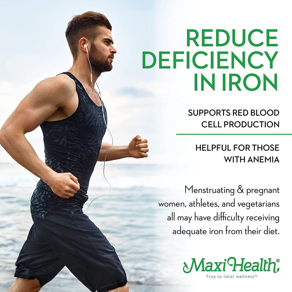 Maxi Health Iron Drops berry flavor highlighted for easy-taste iron