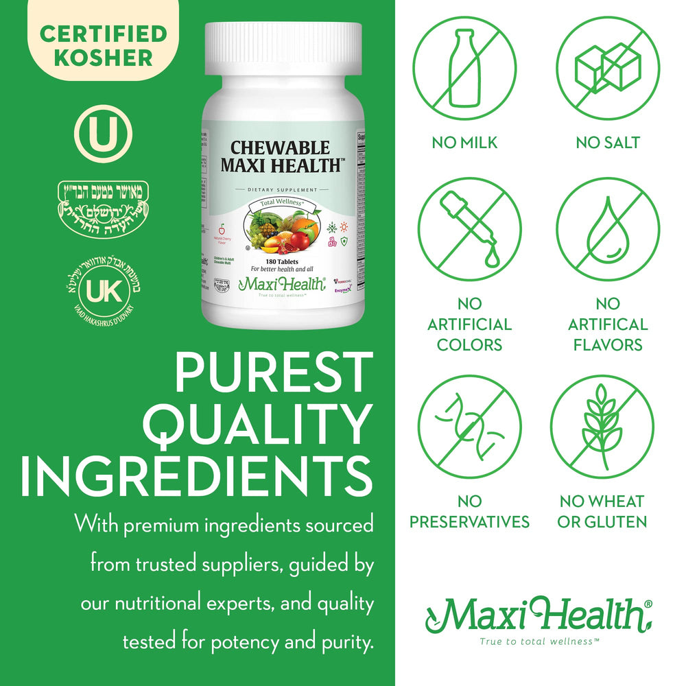 Maxi Health iron-inclusive multivitamin bottle highlights iron for daily nutrition