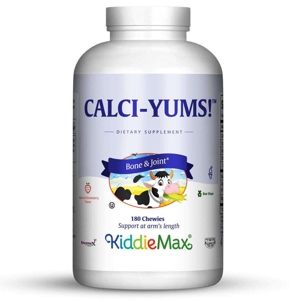 Maxi Health CalciYum strawberry bear chew supports growing bones and teeth.