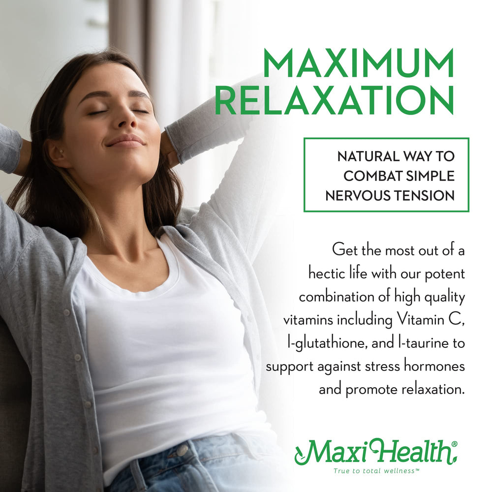 Maxi Health L-theanine capsules closeup emphasizing calming comfort