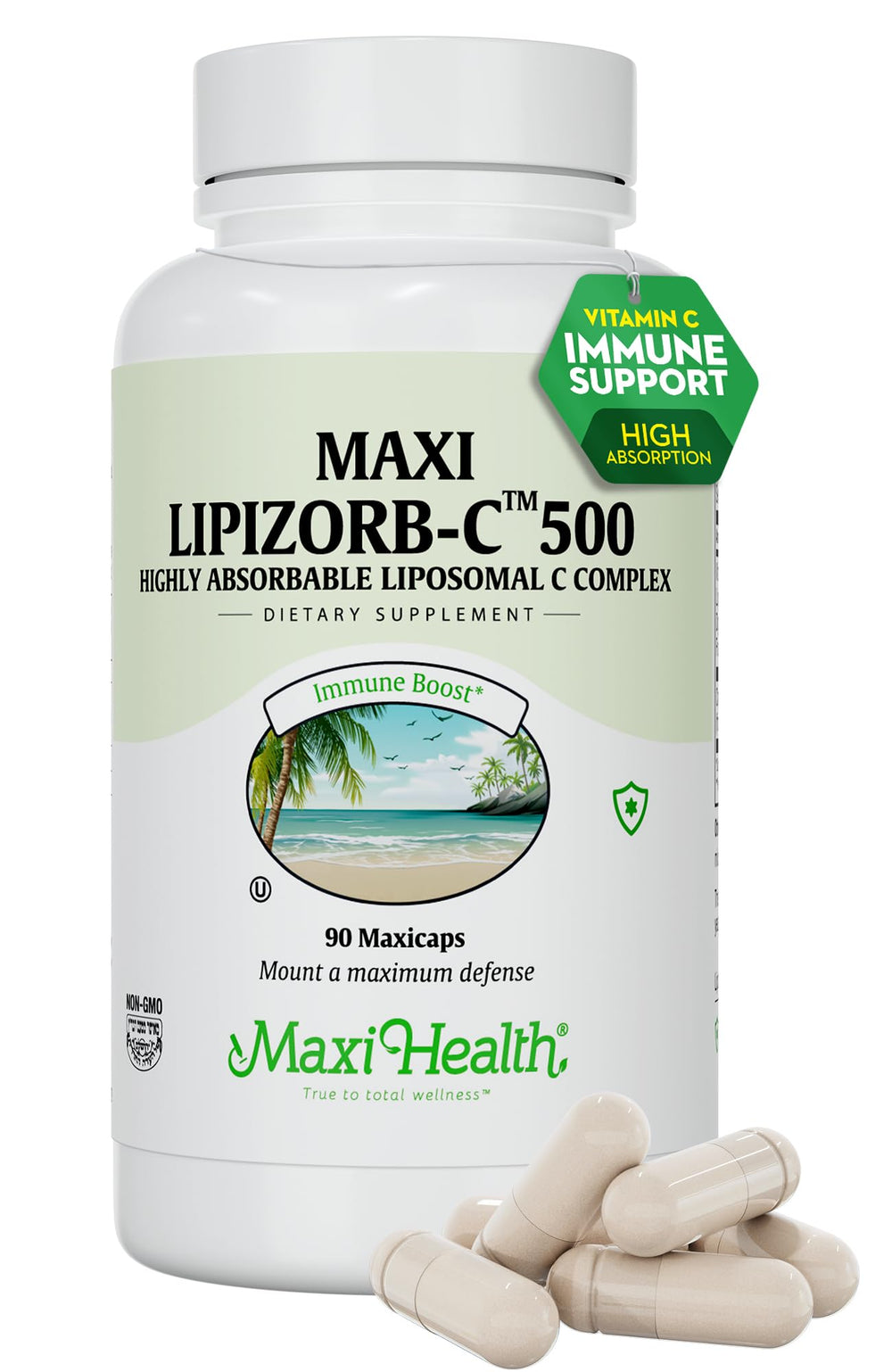 Maxi Health liposomal vitamin C 500mg bottle highlights advanced absorption.