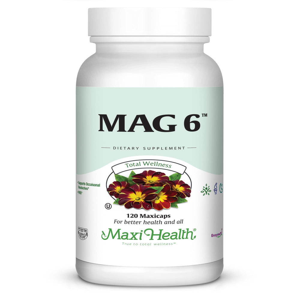 Maxi Health MAG 6 bottle and label for steady daily energy support