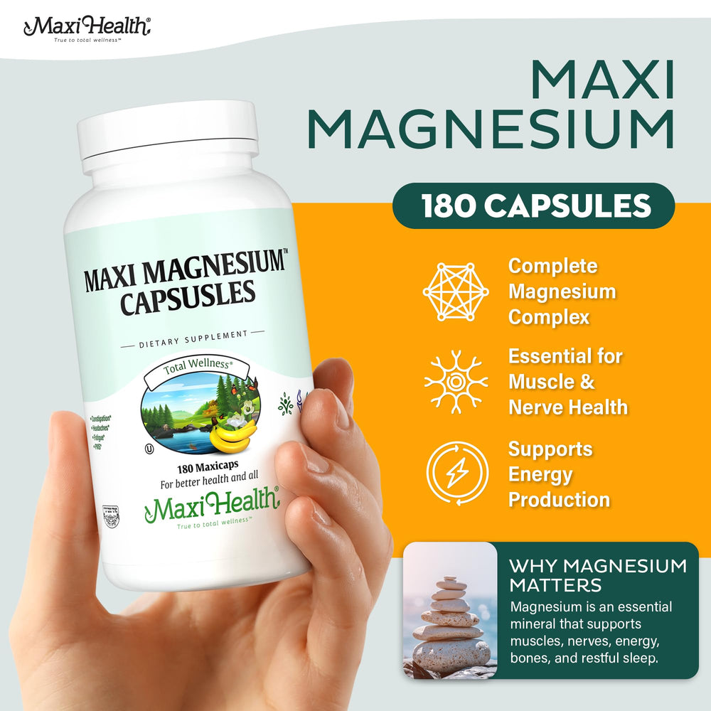 Maxi Health Magnesium Oxide capsules on label aid muscle and nerve function.