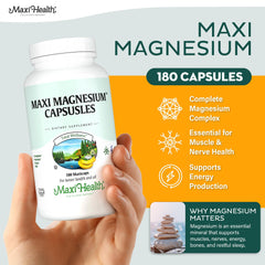 Maxi Health Magnesium Oxide capsules on label aid muscle and nerve function.