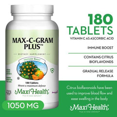 Bottle label of Maxi Health Max C Gram Plus with lemon bioflavonoids for antioxidant support.