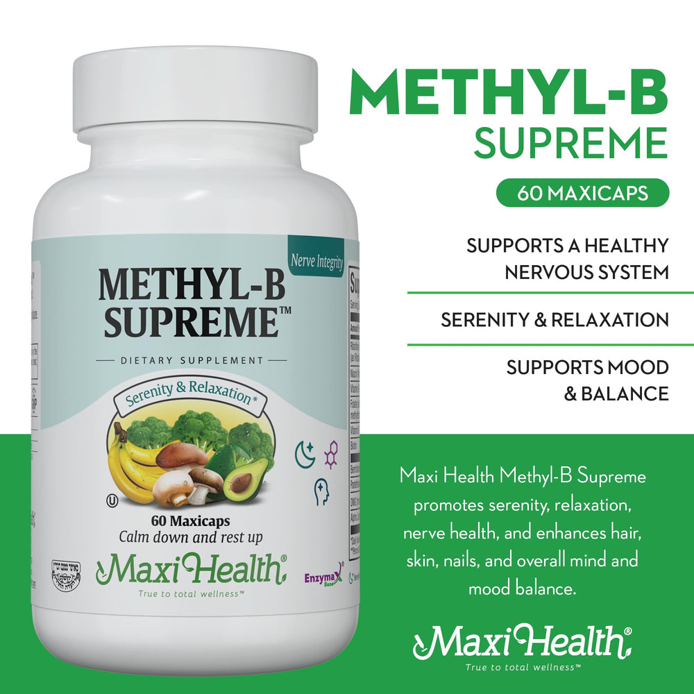 Maxi Health Methyl-B Supreme image shows B12 and B6 for energy support.