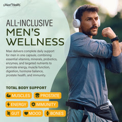 Maxi Health methylated men's multivitamin capsules close-up highlights easy-to-swallow capsules.