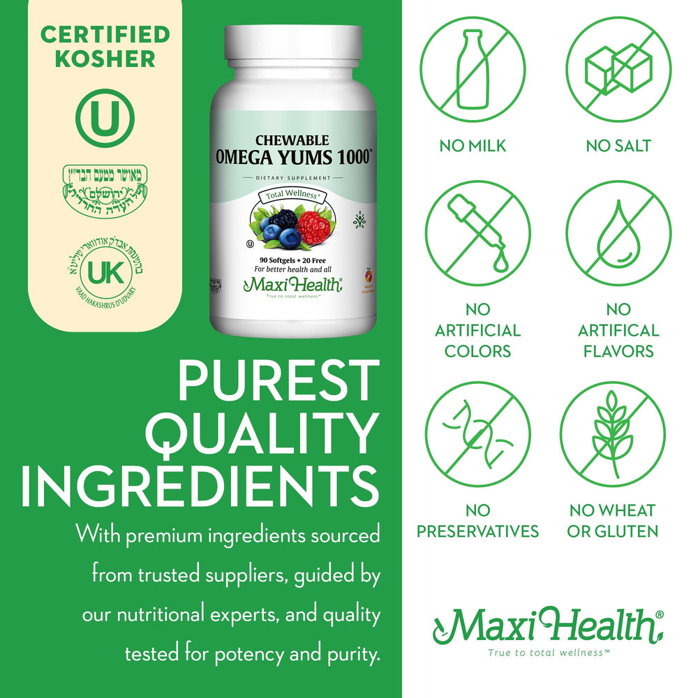 Maxi Health Omega Yums chewable texture promoting enjoyable daily intake.