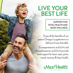 Maxi Health Omega Yums fruity-burst capsules close-up, chewable and tasty.