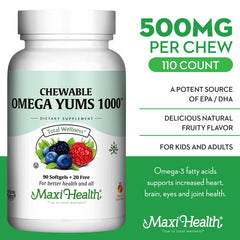 Maxi Health Omega Yums pour into hand showing easy-to-take Fruity Burst.