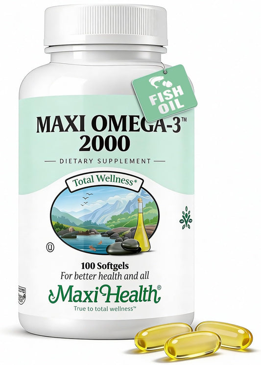 Maxi Health Omega 3 Triple Strength bottle shows 2000 mg per serving for cognitive and heart support