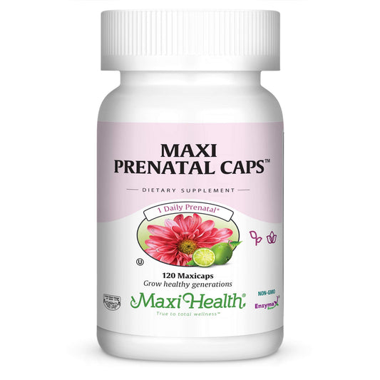 Maxi Health prenatal bottle front with capsules for daily pregnancy support.