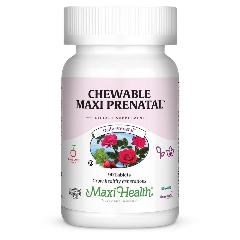 Maxi Health Prenatal chewable bottle front with cherry flavor and vitamin blend for pregnancy support