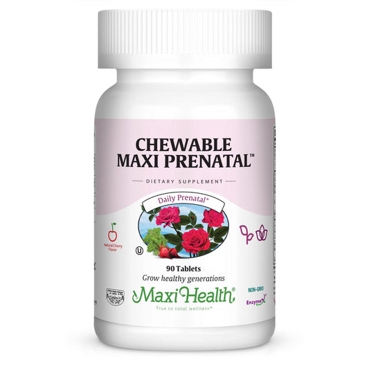Maxi Health Prenatal chewable bottle front with cherry flavor and vitamin blend for pregnancy support