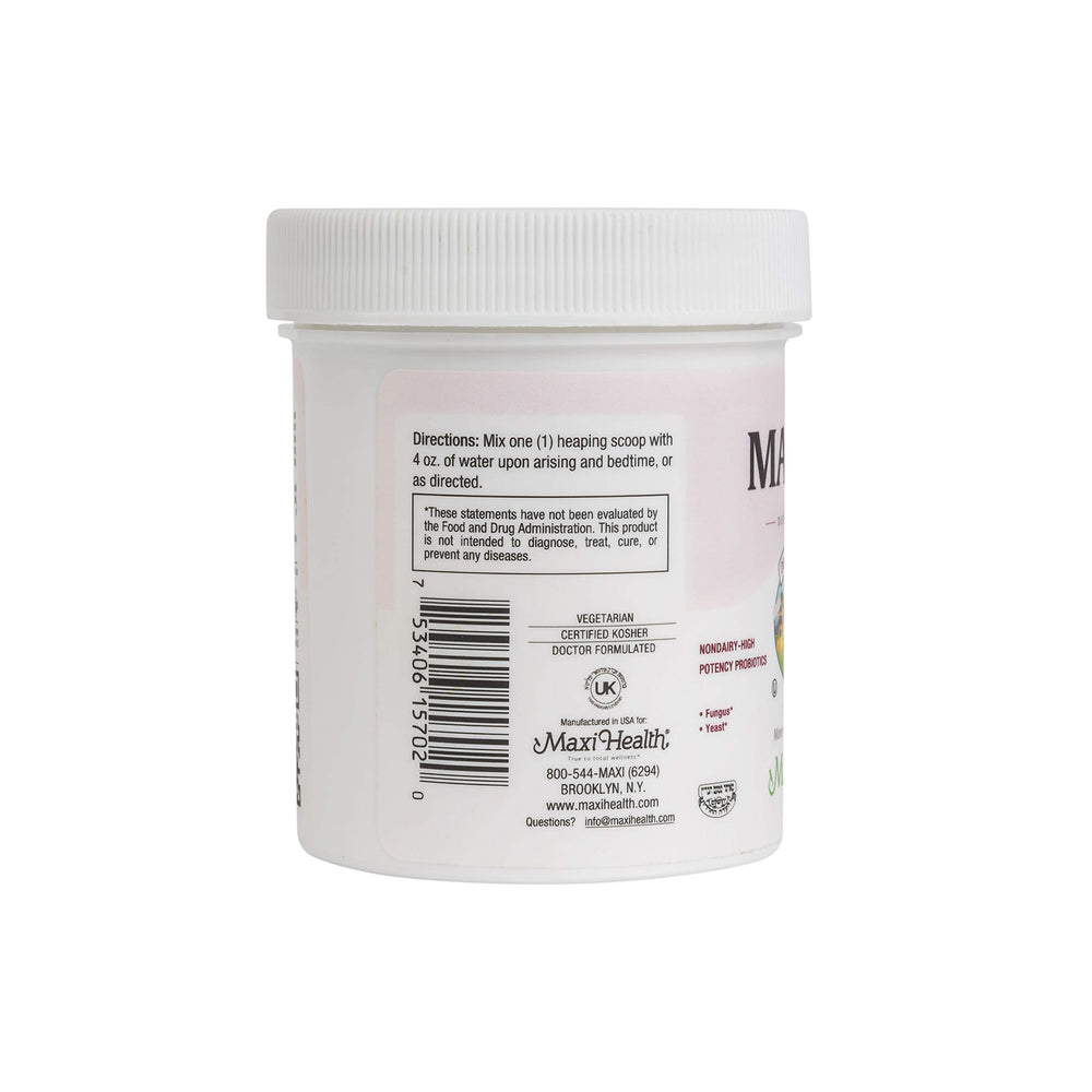 Maxi Health Probiotic Powder mixed into juice or smoothie for convenient daily use.