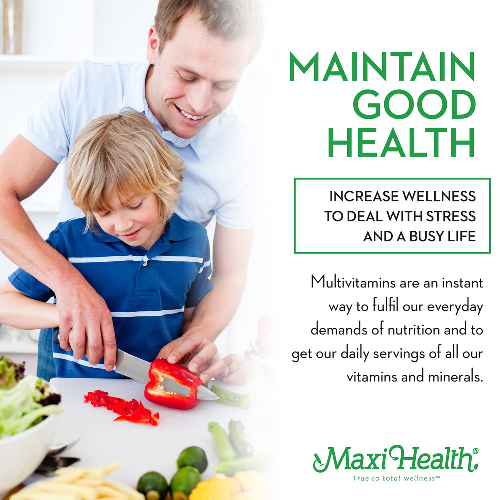 Maxi Health probiotic-enriched multivitamin image highlights digestive support