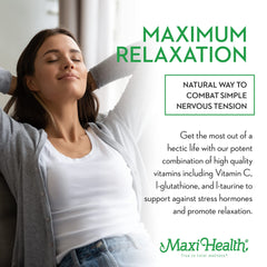 Label close-up on Maxi Health Relax to The Max highlighting USA-made quality.