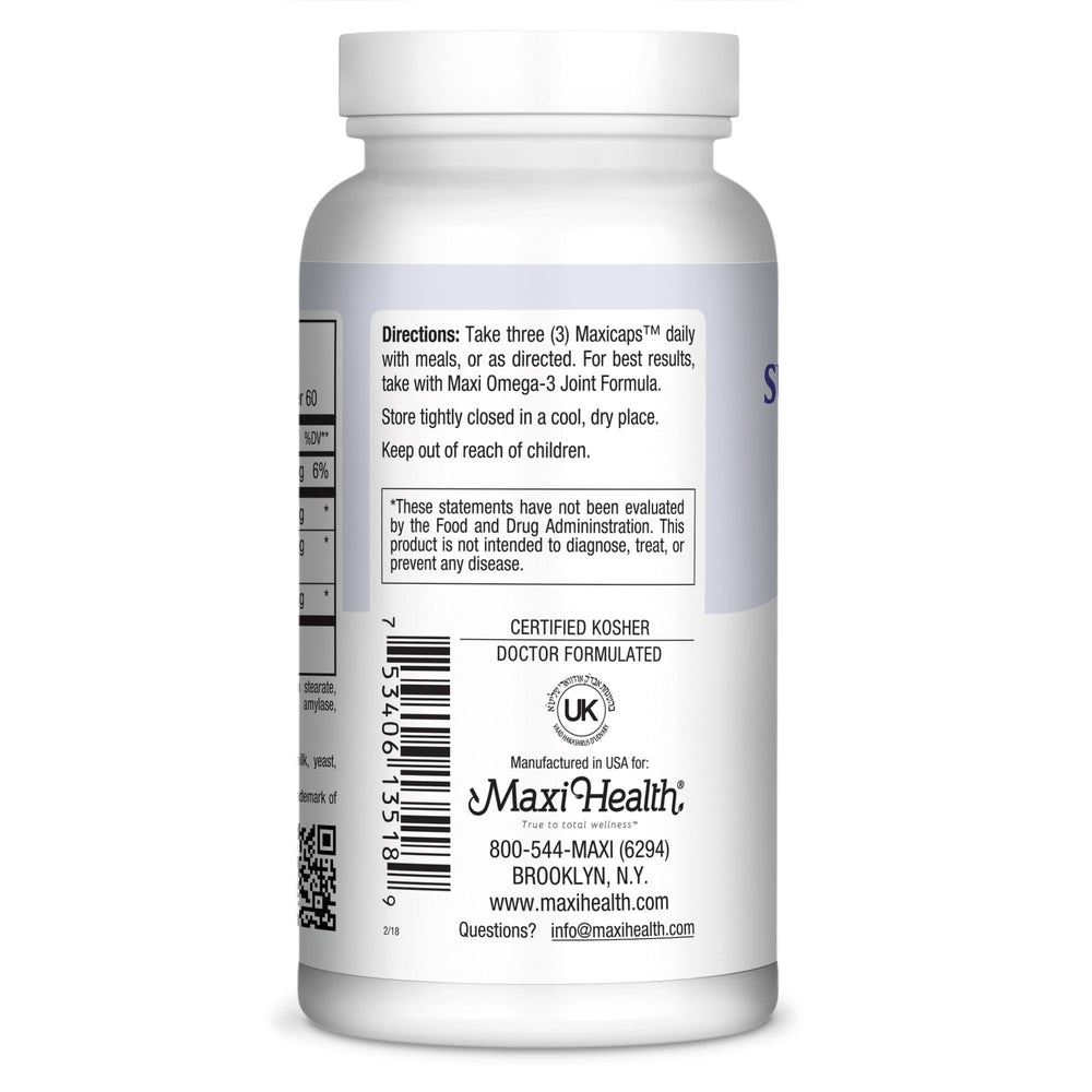 Maxi Health Super Glucosamine Complex capsules close-up highlighting easy-to-swallow MaxiCaps.