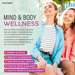 Maxi Health Teen Vitamins bottle with label view emphasizing 32 essential nutrients.