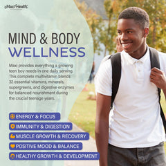 Maxi Health Teen Vitamins nutrition facts label shows essential nutrients.