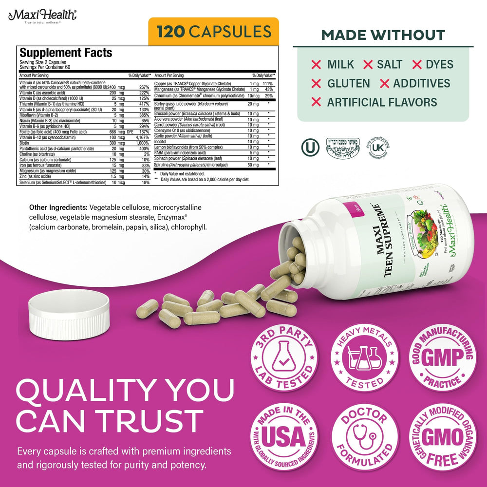 Maxi Health Teen Vitamins image showing capsules and labels for skin, hair and nails.