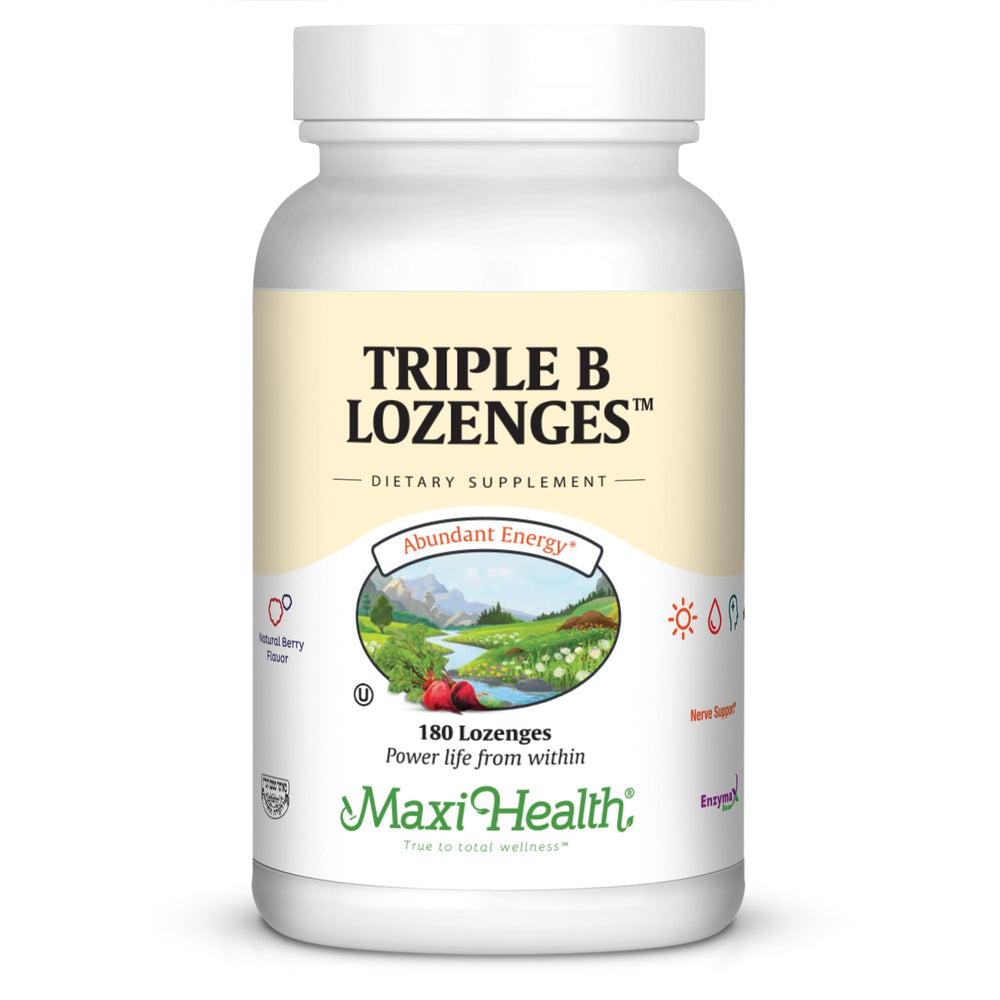 Maxi Health Triple B Lozenges strawberry bottle for convenient daily energy support.