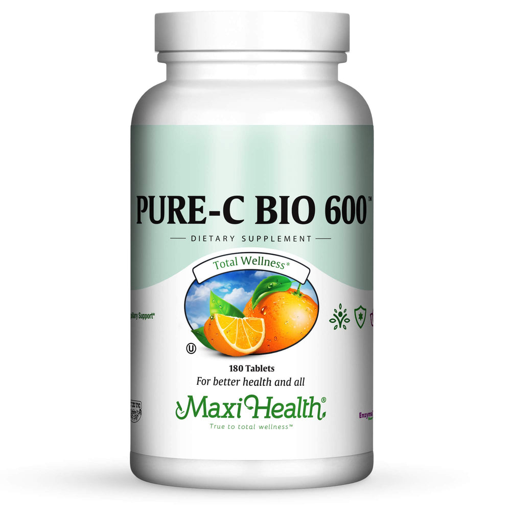 Maxi Health Vitamin C 600mg bottle with lemon bioflavonoids for daily immune support.