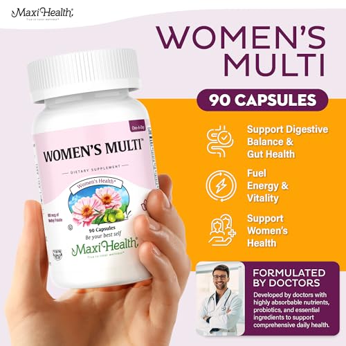 Maxi Health Women's Multivitamin packaging highlighting 23 vitamins and probiotics.