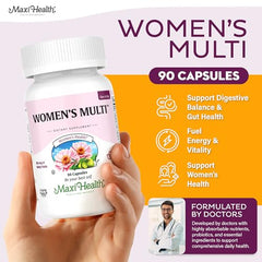 Maxi Health Women's Multivitamin packaging highlighting 23 vitamins and probiotics.
