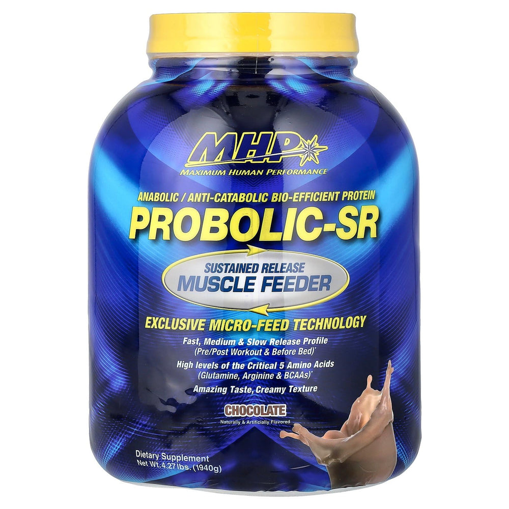 Maximum Human Performance Probolic-SR chocolate protein can with sustained release for ongoing amino acids.