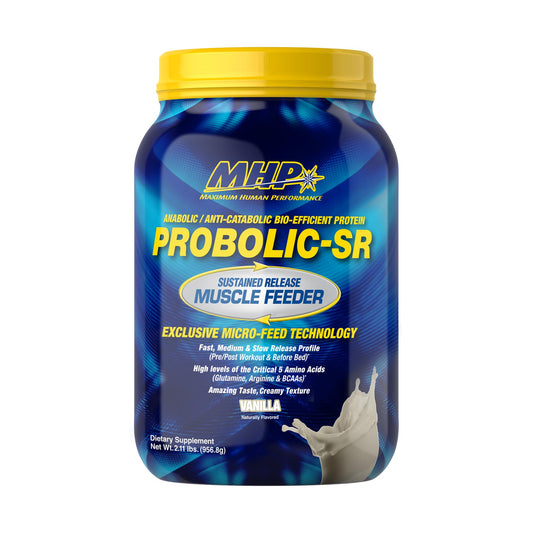 Maximum Human Performance Probolic-SR vanilla tub front view, showcasing sustained amino acid release