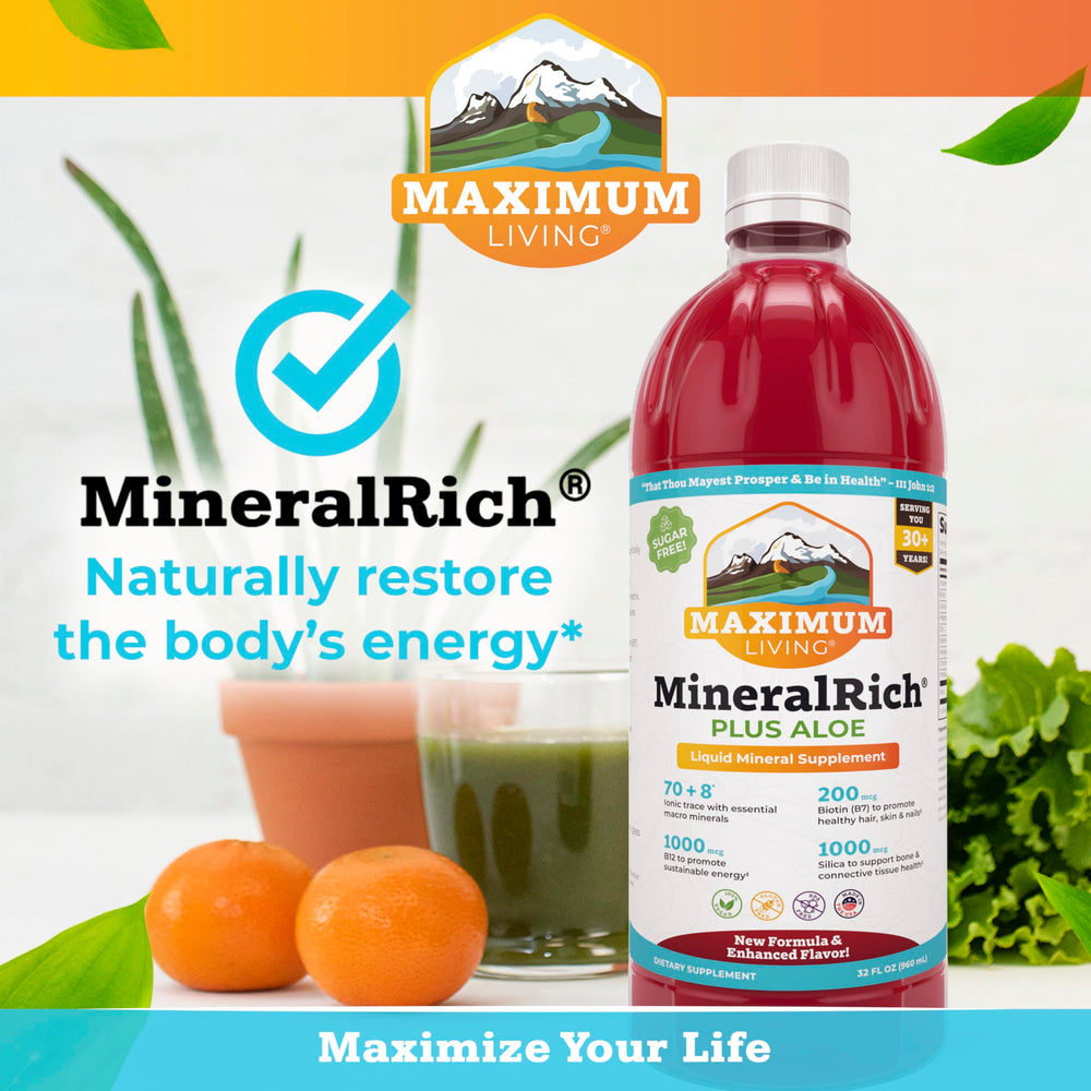 Maximum Living MineralRich aloe section suggests gentle digestion support