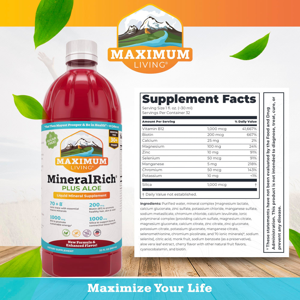 Maximum Living MineralRich bottle label highlights minerals and aloe for digestion-friendly nutrition