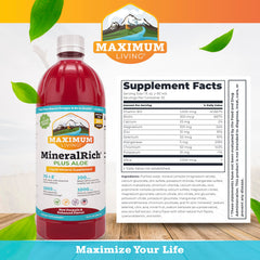 Maximum Living MineralRich bottle label highlights minerals and aloe for digestion-friendly nutrition