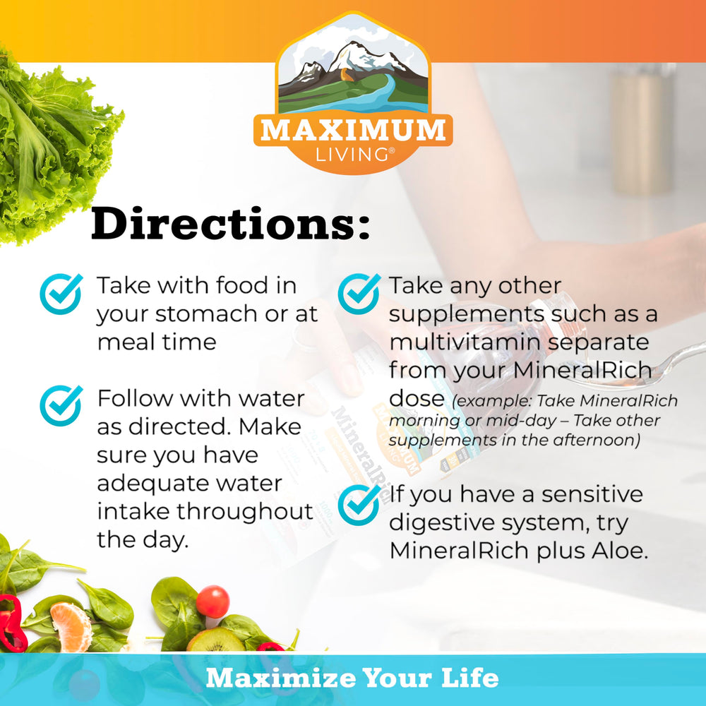 Maximum Living MineralRich ingredients map shows 70+ minerals plus Biotin and B12