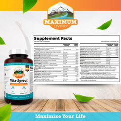 Maximum Living VitaSprout bottle back detailing vegan, GMO-free nutrition.